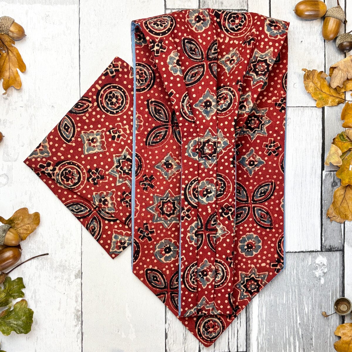 Brick Red & Blue Hand-Printed Cotton Cravat - Cravats - 
