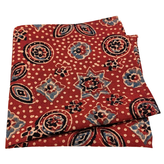 Brick Red & Blue Hand-Printed Cotton Pocket Square - Handkerchiefs - 