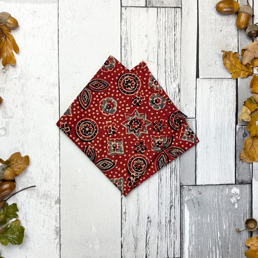 Brick Red & Blue Hand-Printed Cotton Pocket Square - Handkerchiefs - 