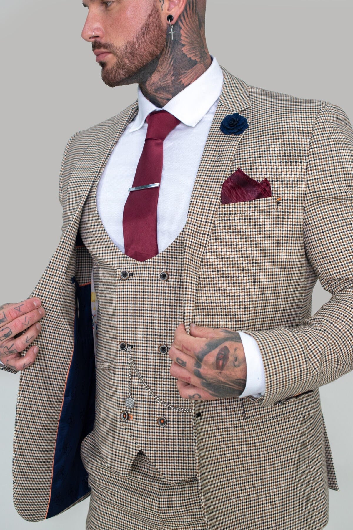 Elwood Beige Houndstooth 3 Piece Wedding Suit - Suits - 