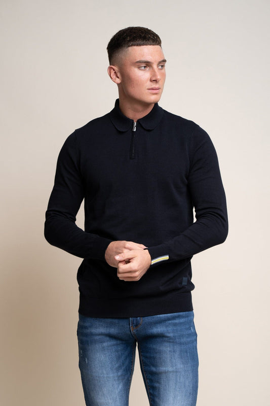 Falcao Navy Quarter Zip Jumper - Jumpers - S - THREADPEPPER