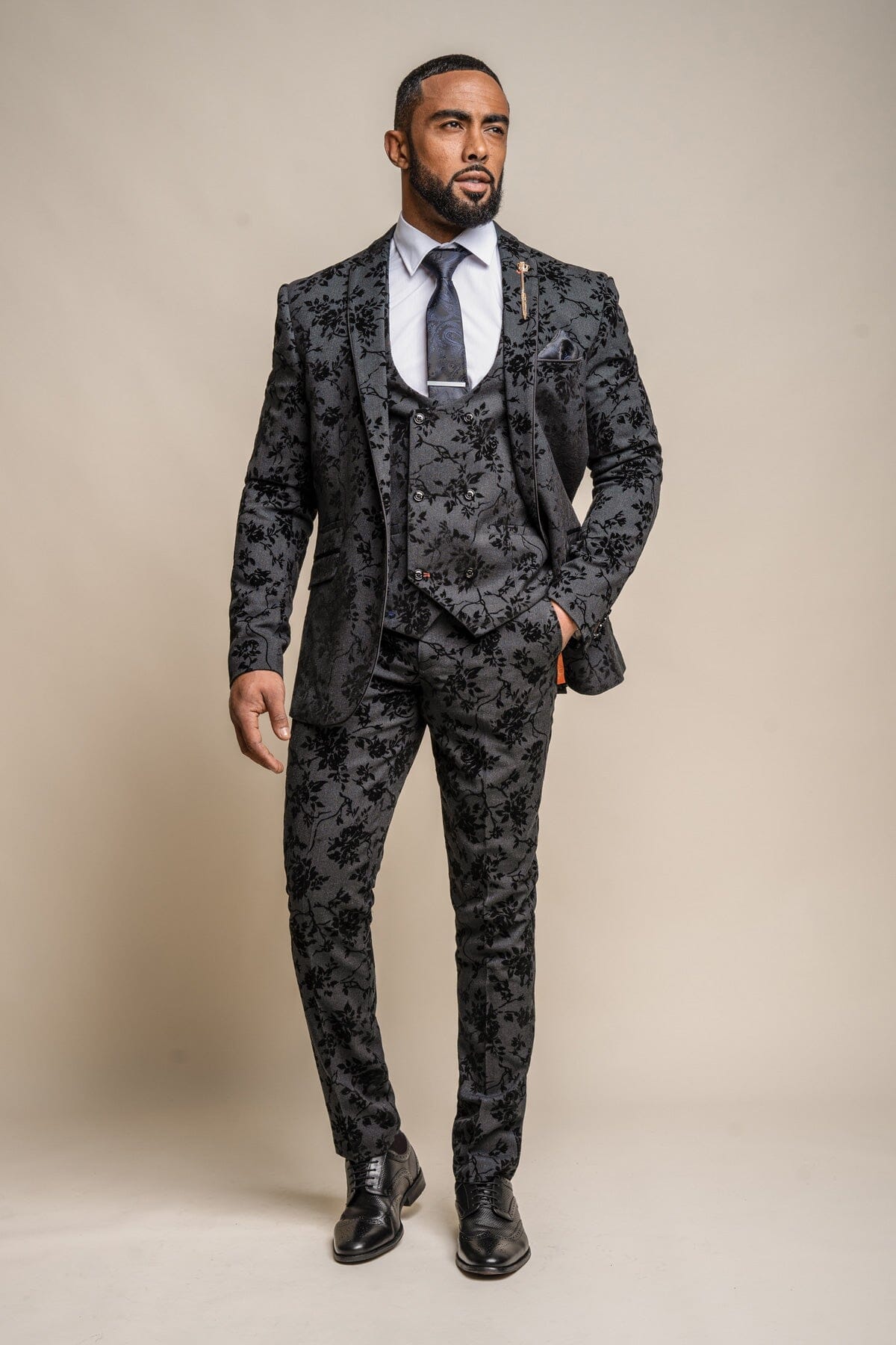 Georgi Black Floral 3 Piece Wedding Suit - Suits - 