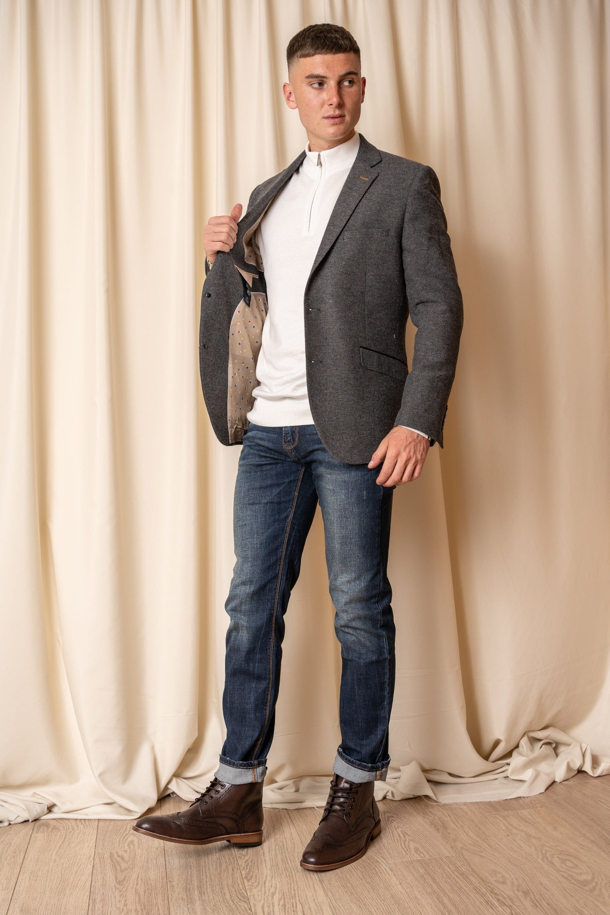 Grey Herringbone Tweed Blazer - STOCK CLEARANCE - Blazers & Jackets Sale - 