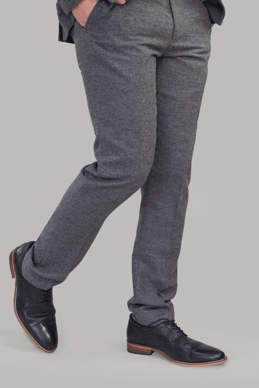 Grey Herringbone Tweed Trousers - STOCK CLEARANCE - Trousers Sale - 36R 