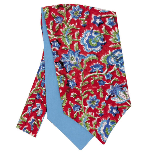 Hand-Printed Red & Blue Floral Modal Silk Cravat - Cravats - 