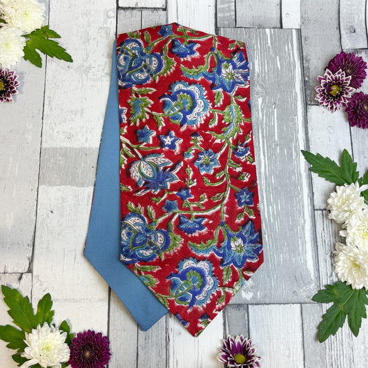 Hand-Printed Red & Blue Floral Modal Silk Cravat - Cravats - 