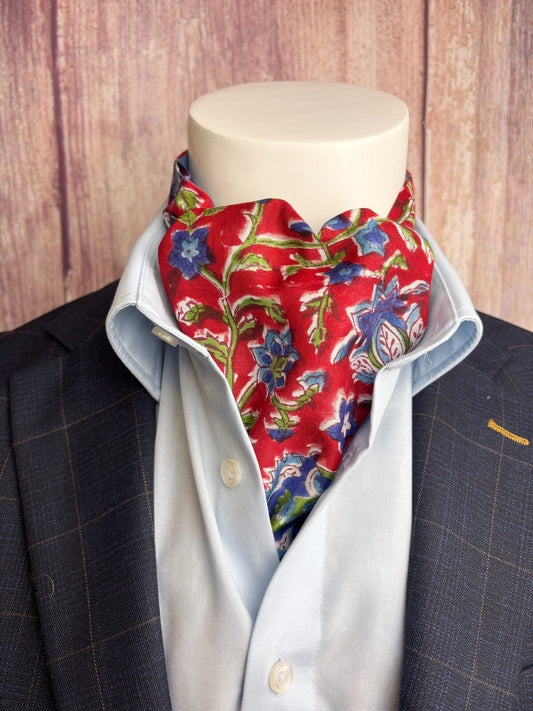Hand-Printed Red & Blue Floral Modal Silk Cravat - Cravats - 