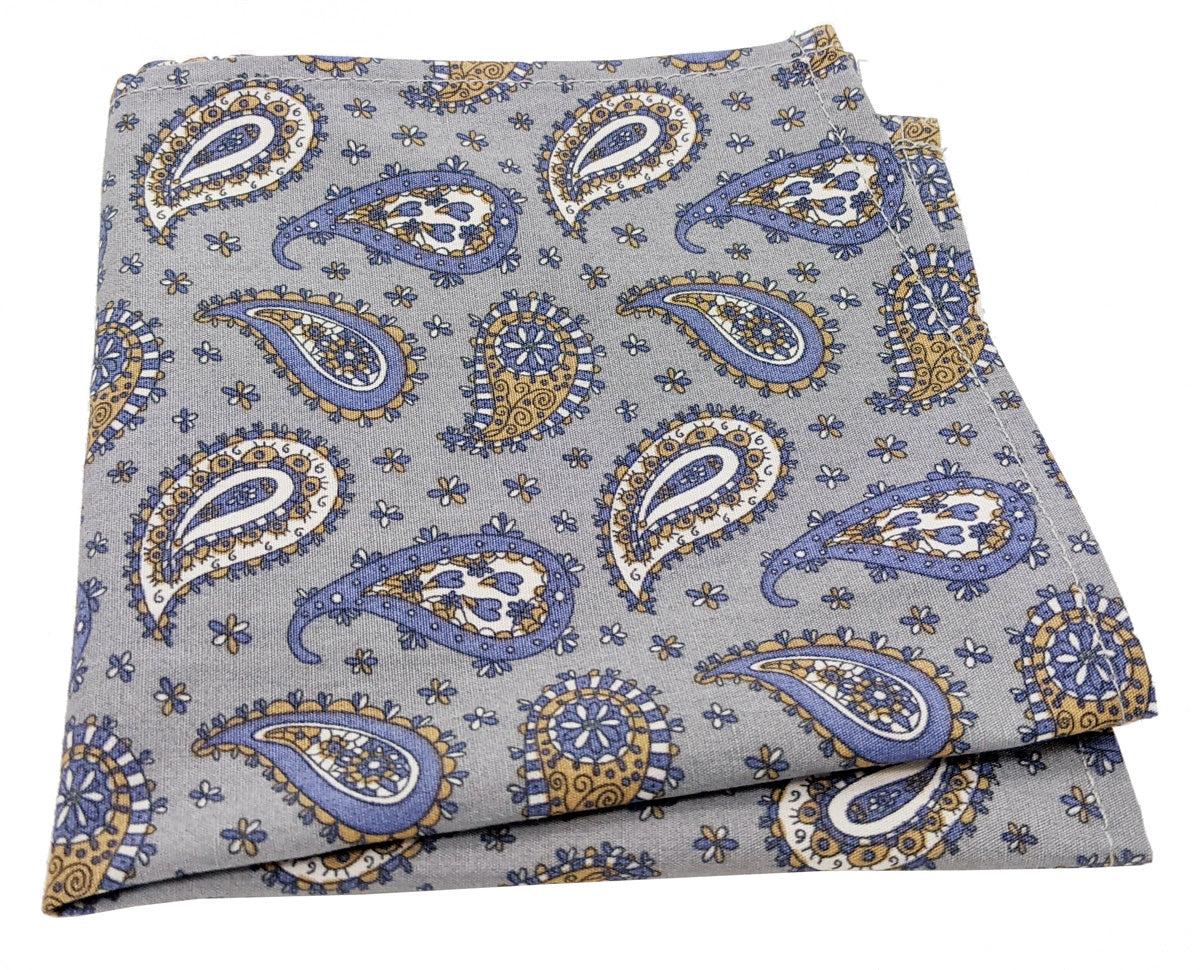 Clearance - Blue & Gold Paisley Cotton Pocket Square