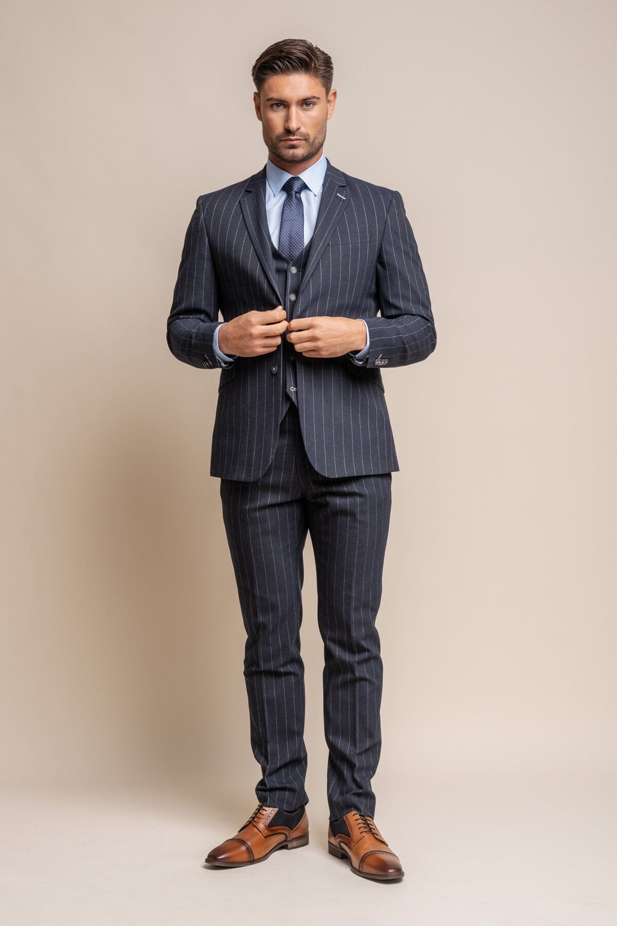 Invincible Navy Pinstripe 3 Piece Suit - Suits - 