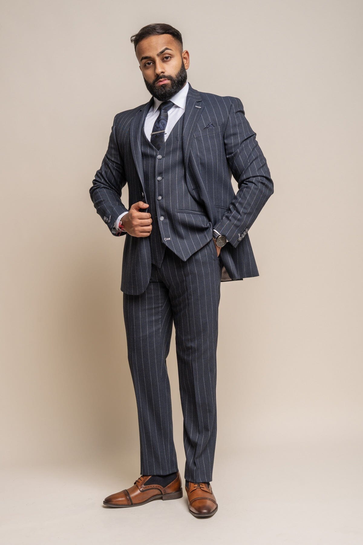 Invincible Navy Pinstripe 3 Piece Suit - Suits - 