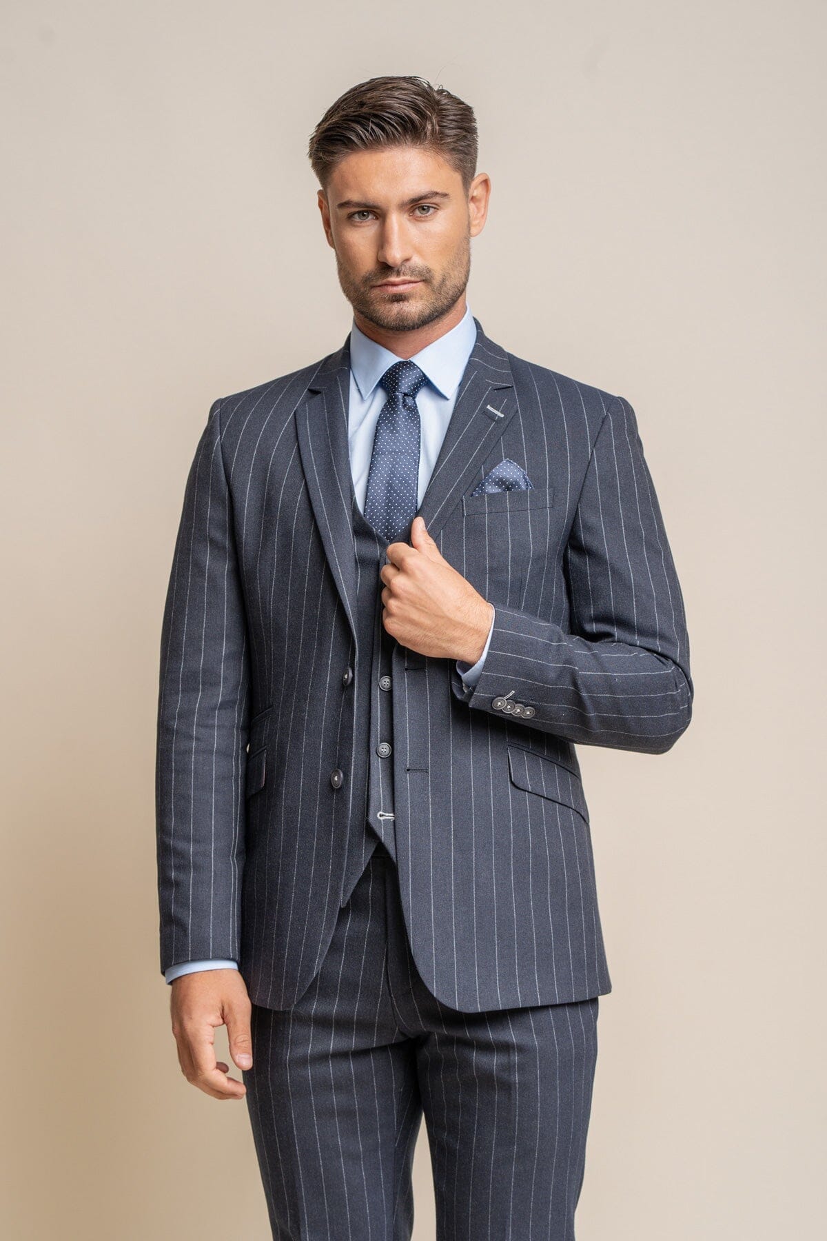 Invincible Navy Pinstripe 3 Piece Suit - Suits - 