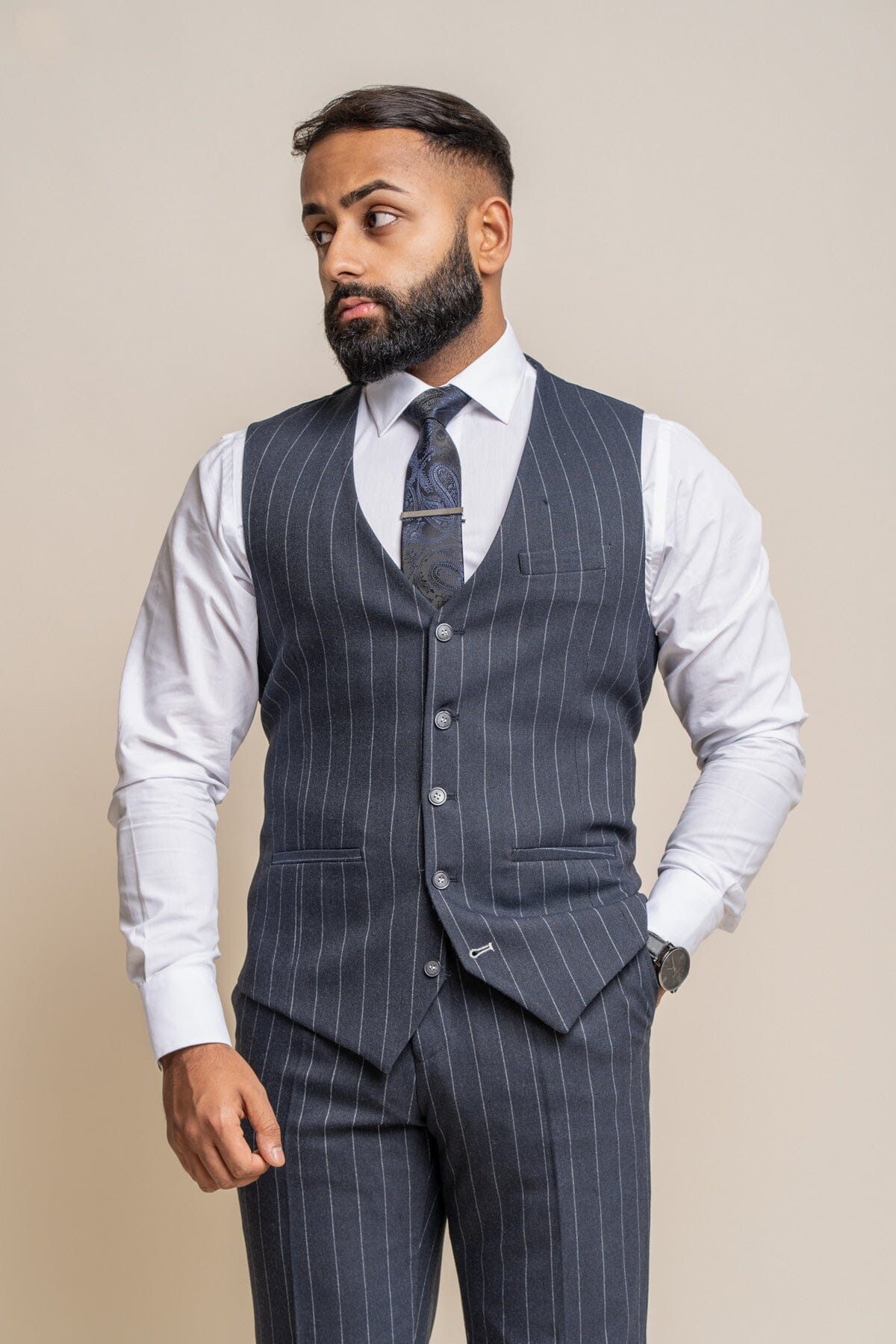 Invincible Navy Pinstripe 3 Piece Suit - Suits - 