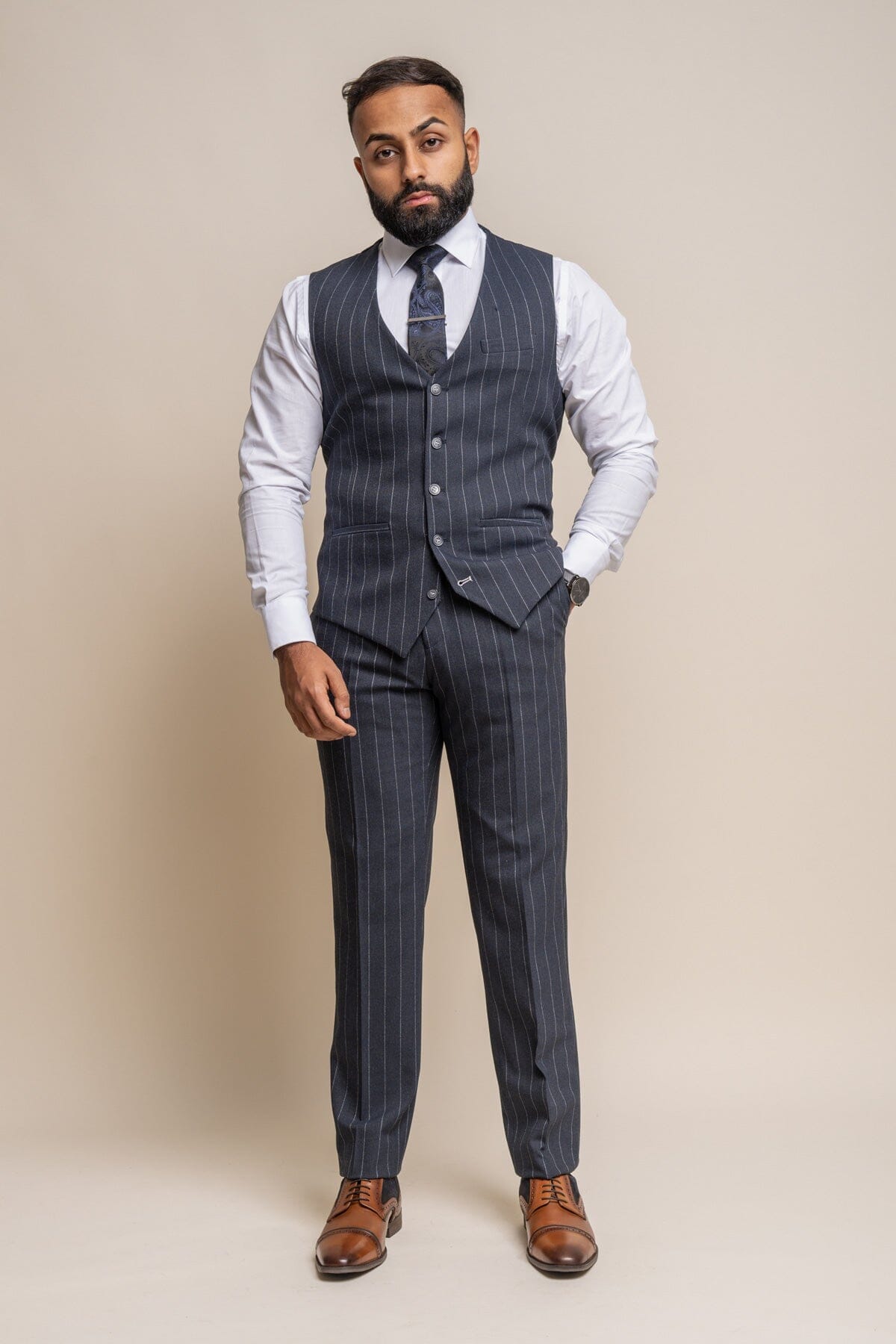 Invincible Navy Pinstripe 3 Piece Suit - Suits - 