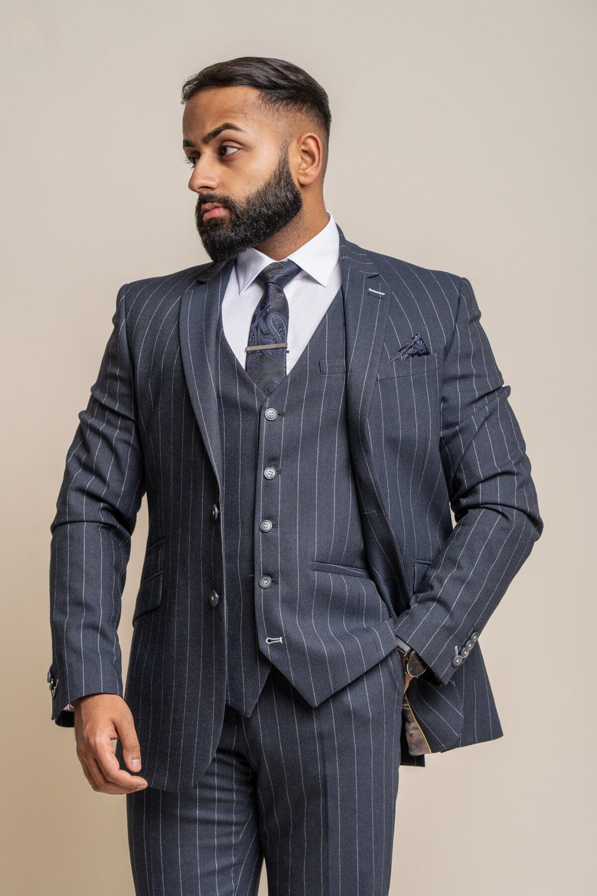 Invincible Navy Pinstripe 3 Piece Suit - Suits - 