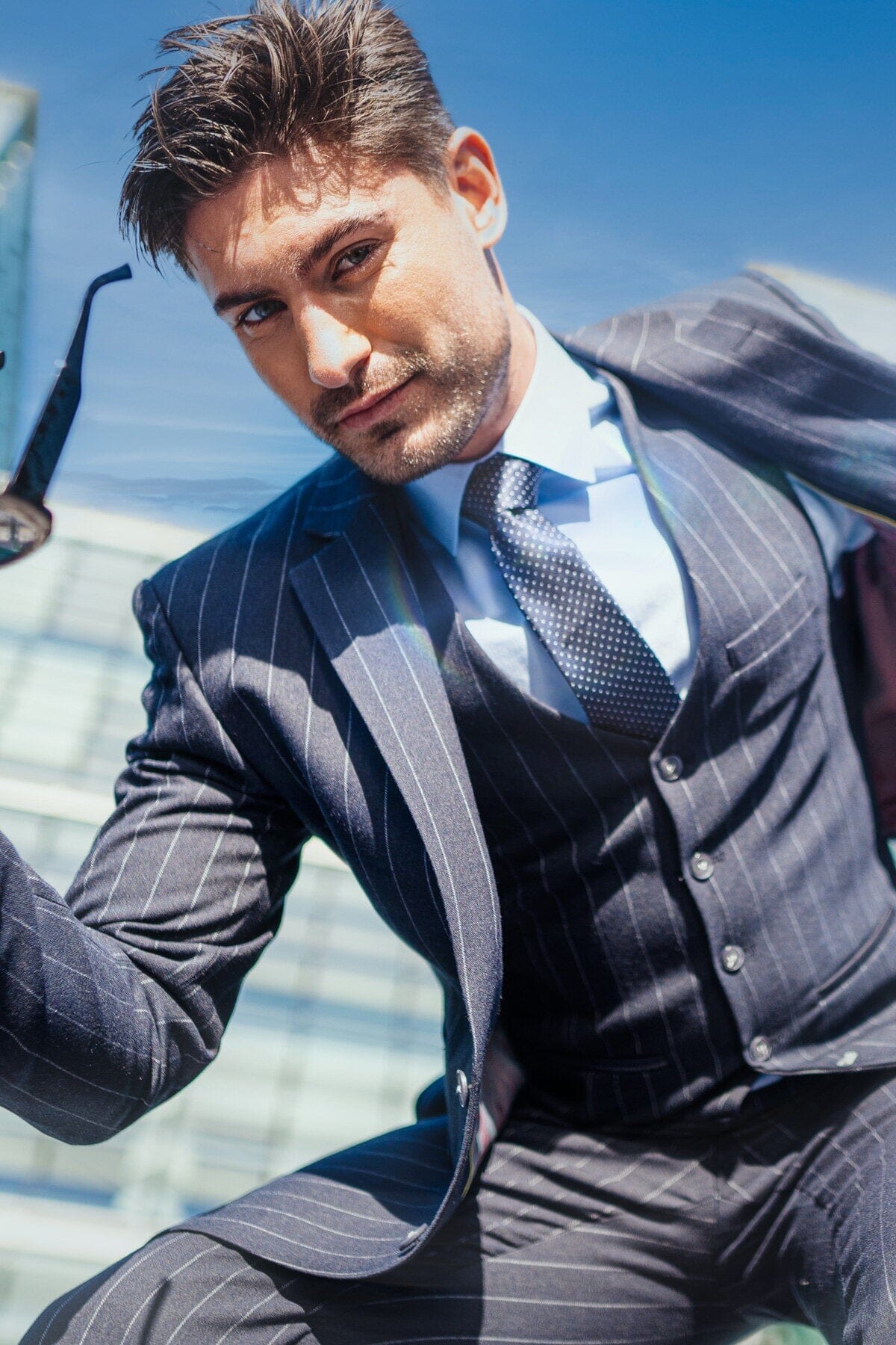 Invincible Navy Pinstripe 3 Piece Suit - Suits - 