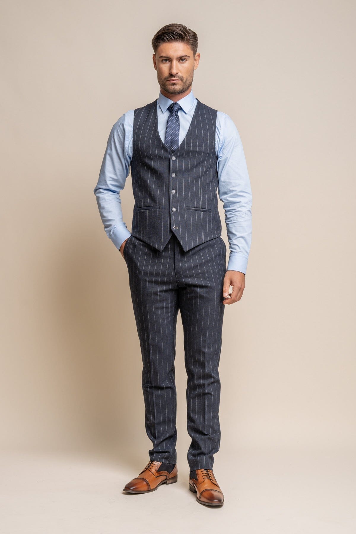 Invincible Navy Pinstripe 3 Piece Suit - Suits - 