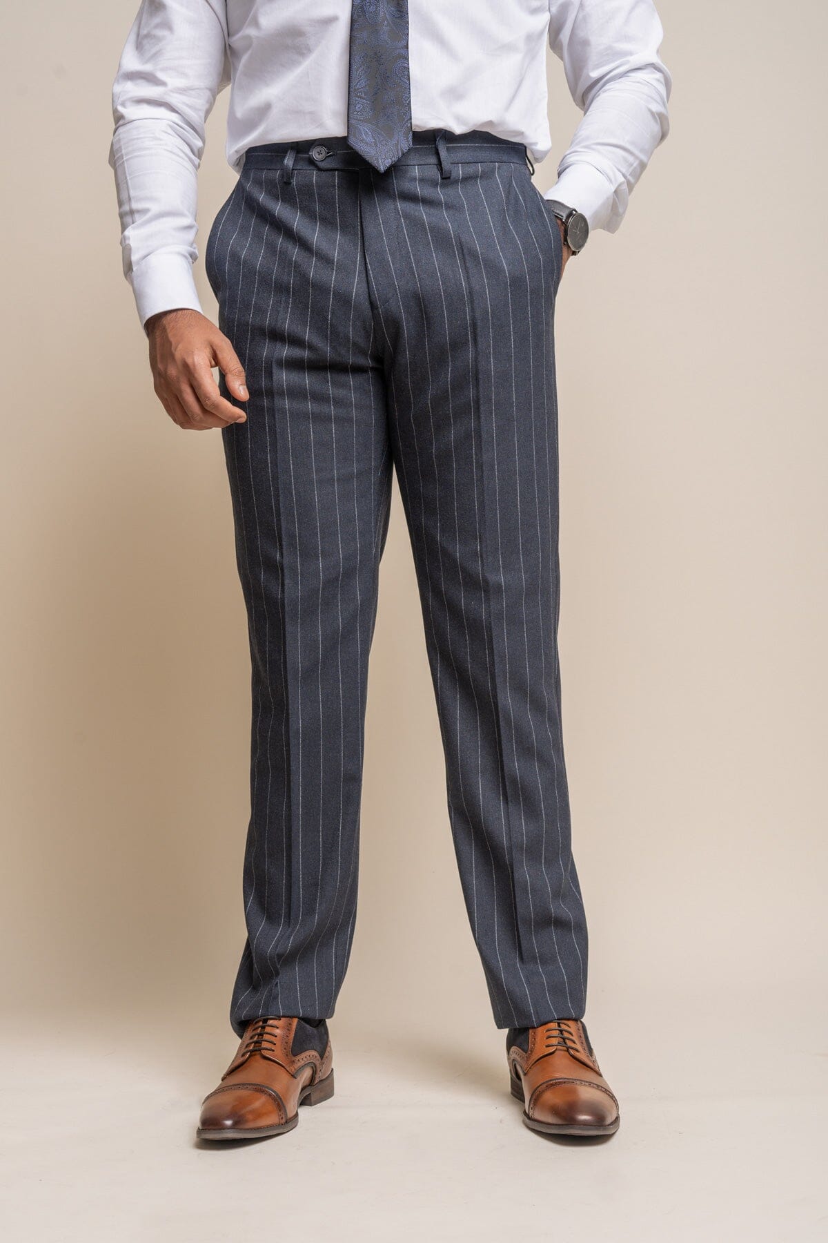 Invincible Navy Pinstripe Trousers - Trousers - 