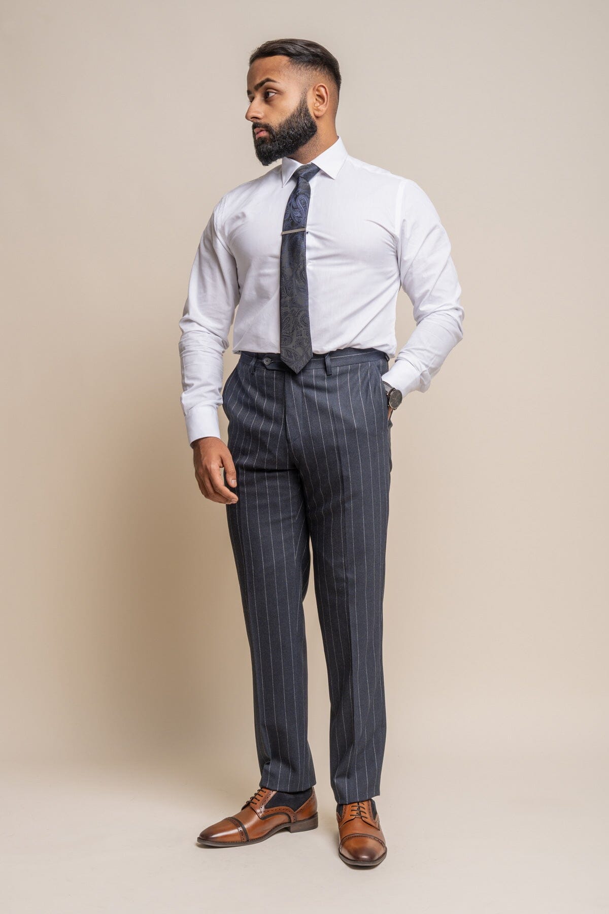 Invincible Navy Pinstripe Trousers - Trousers - 