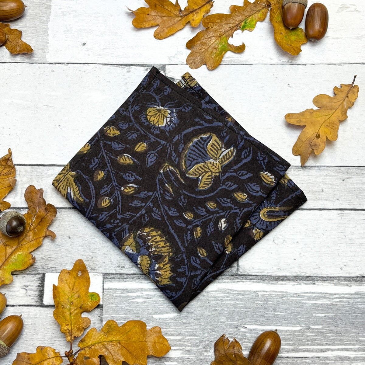 Navy & Mustard Hand-Printed Cotton Pocket Square - Handkerchiefs - 