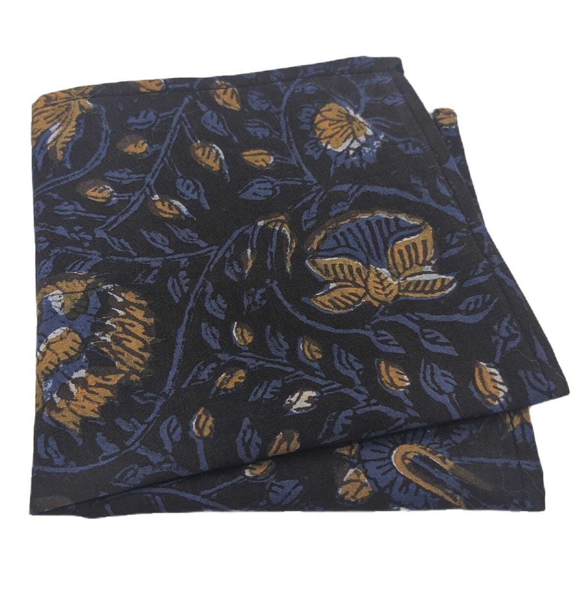 Navy & Mustard Hand-Printed Cotton Pocket Square - Handkerchiefs - 