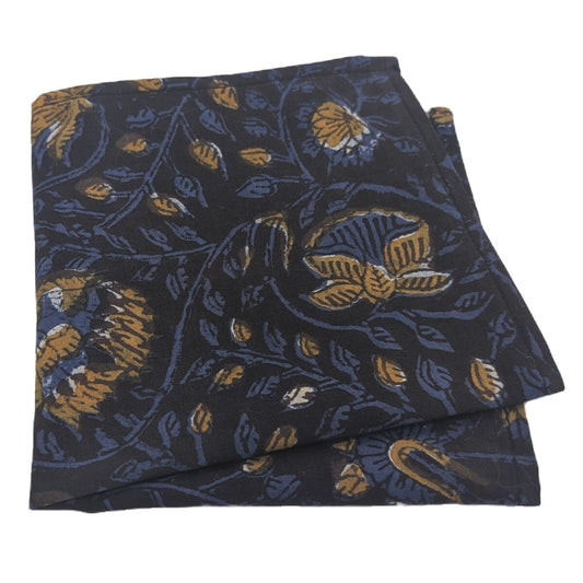 Navy & Mustard Hand-Printed Cotton Pocket Square - Handkerchiefs - 