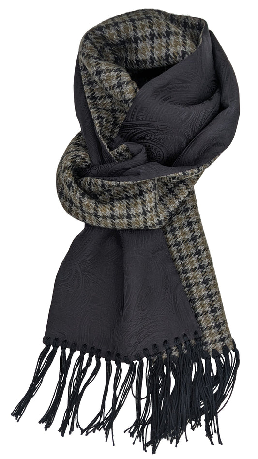 Olive-Check Wool Backed Silk Scarf - Scarves - - THREADPEPPER