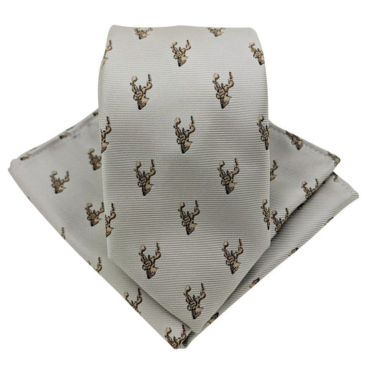 Pearl Grey Stags Tie - Ties - Regular Add Pocket Square - Save £1.00 