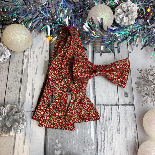 Red & Gold Holly Leaves Bow Tie - Bow Ties - 