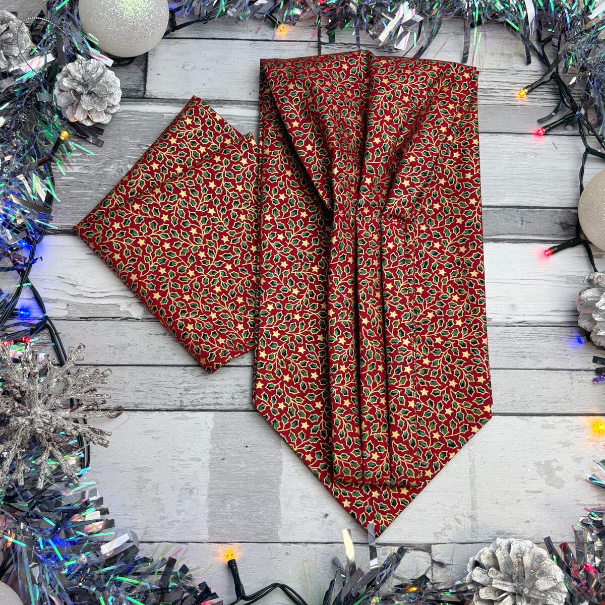 Red & Gold Holly Leaves Cravat - Cravats - 