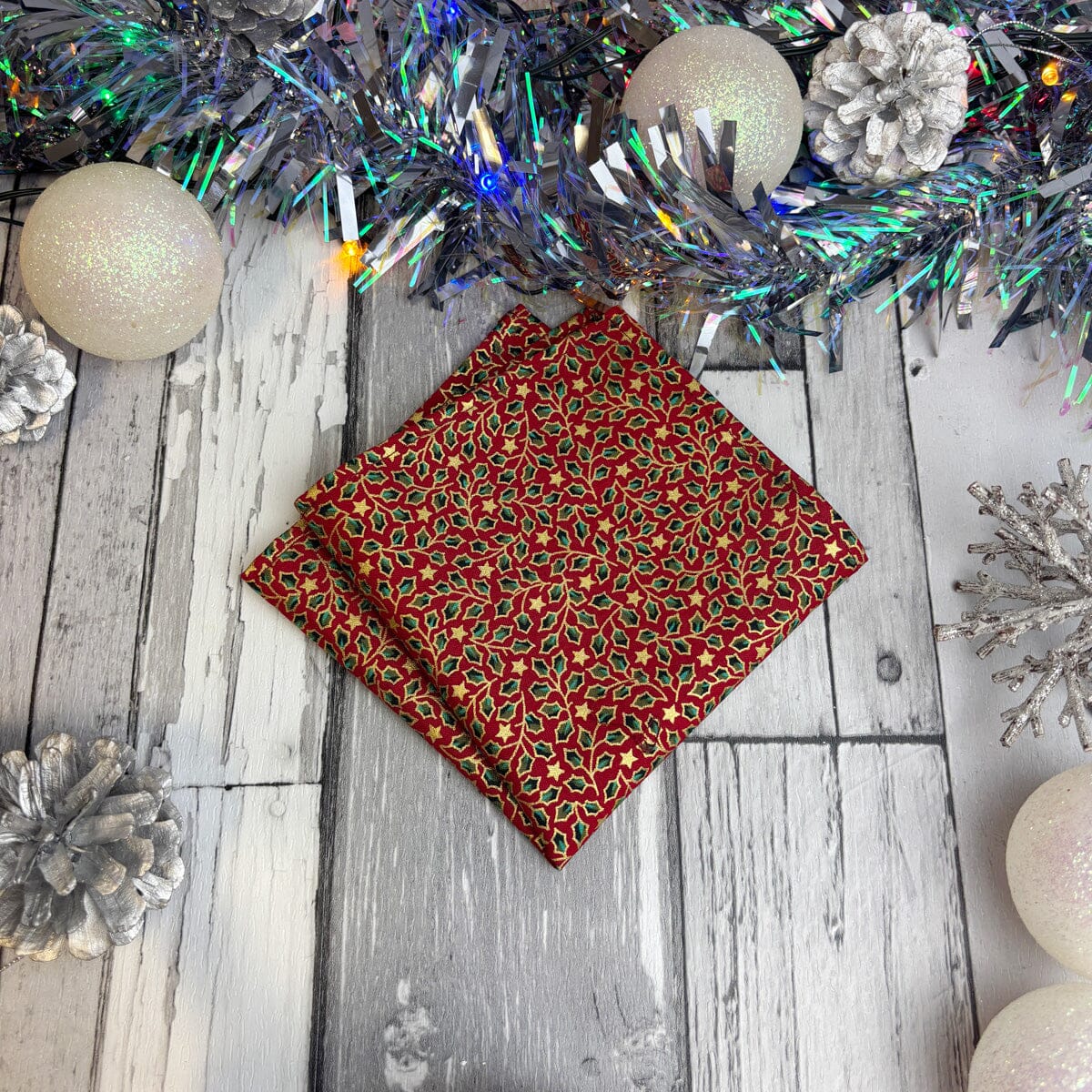 Red & Gold Holly Leaves Pocket Square - Pocket Square - 
