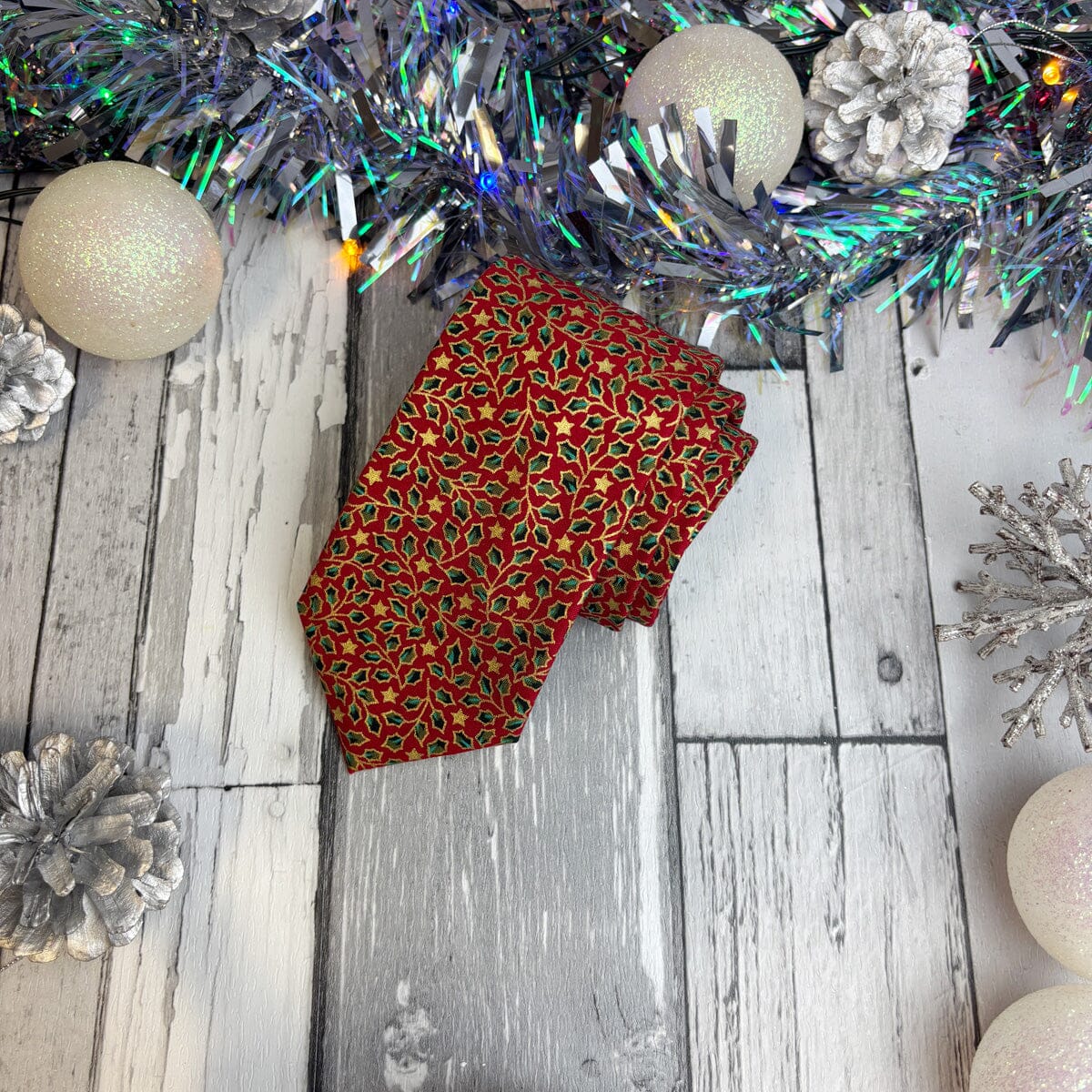 Red & Gold Holly Leaves Tie - Ties - 