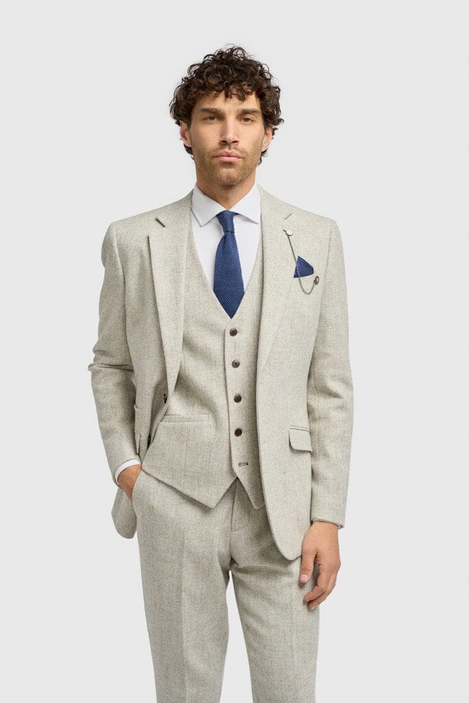 Thomas Pearl Grey Herringbone 3 Piece Suit - Suits - 