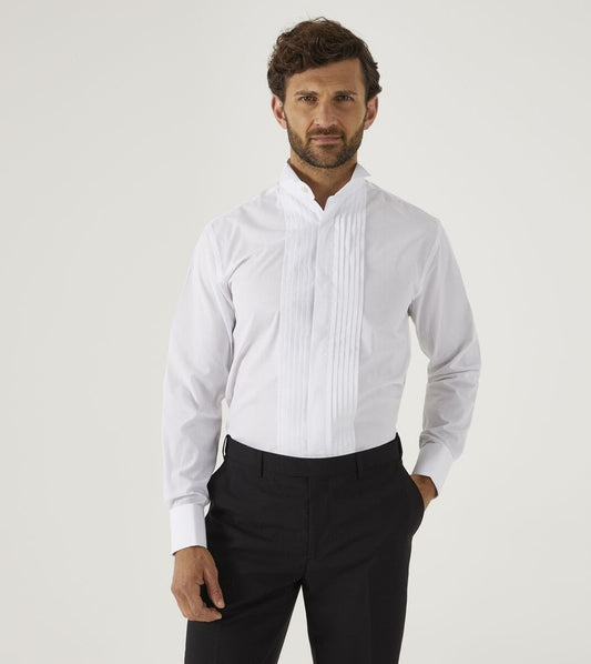 Wing Collar Pleated White Dress Shirt - Shirts - 14.5" - THREADPEPPER