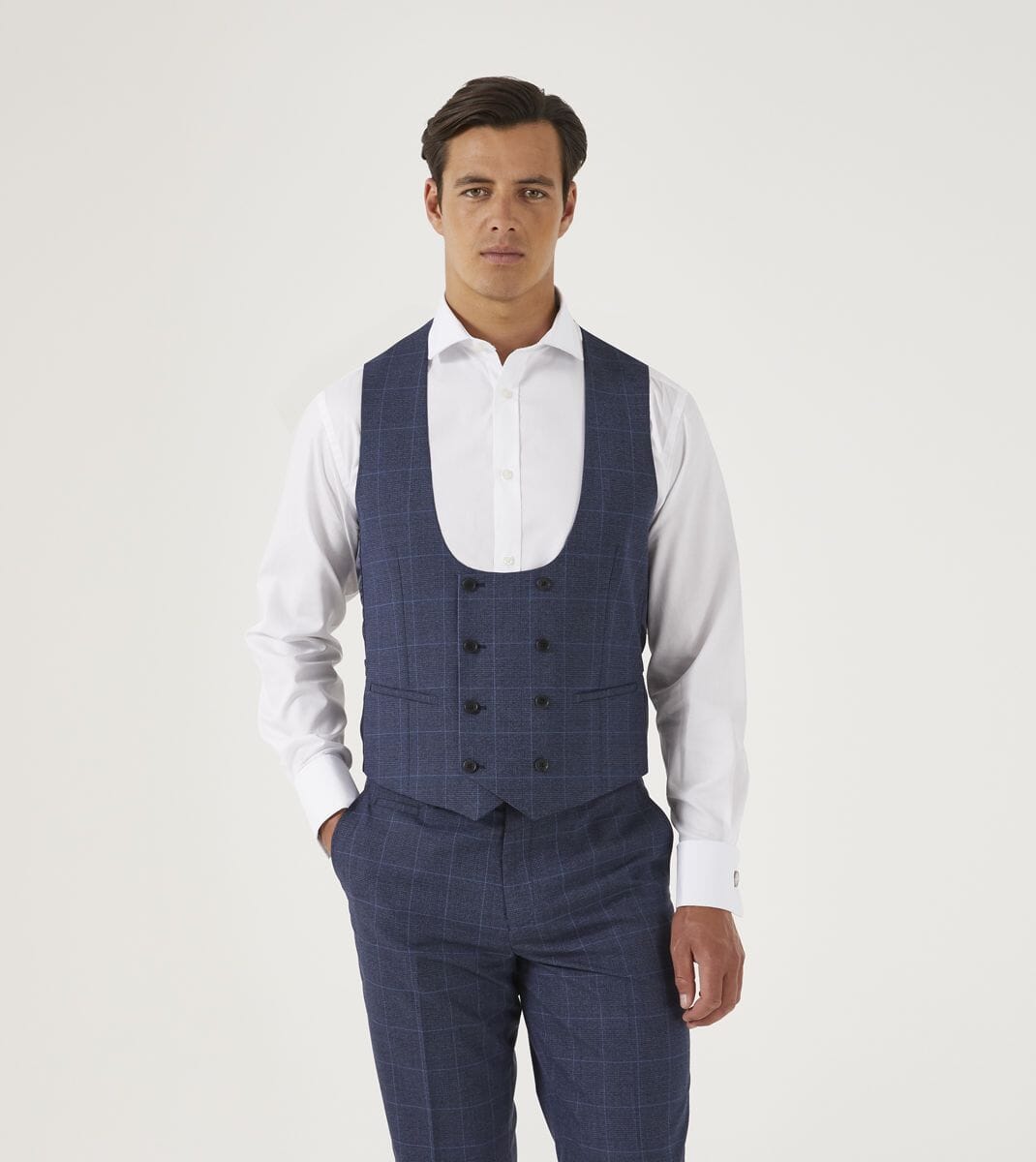 Anello Blue Prince Of Wales Check Waistcoat - Waistcoats - 34R Double Breasted - THREADPEPPER