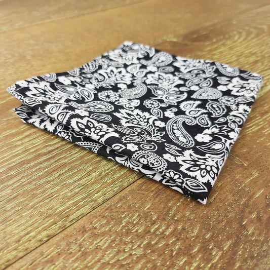 Black Paisley Blooms Cotton Pocket Square - Handkerchiefs - - THREADPEPPER
