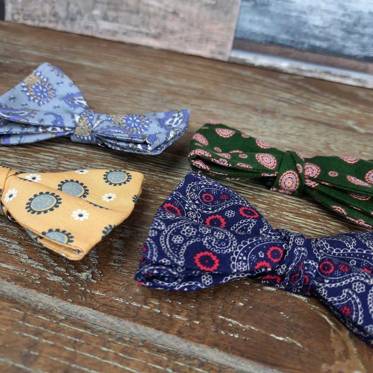 Blue & Gold Daisy Paisley Cotton Ready-Tied Bow Tie - Bow Ties - - THREADPEPPER