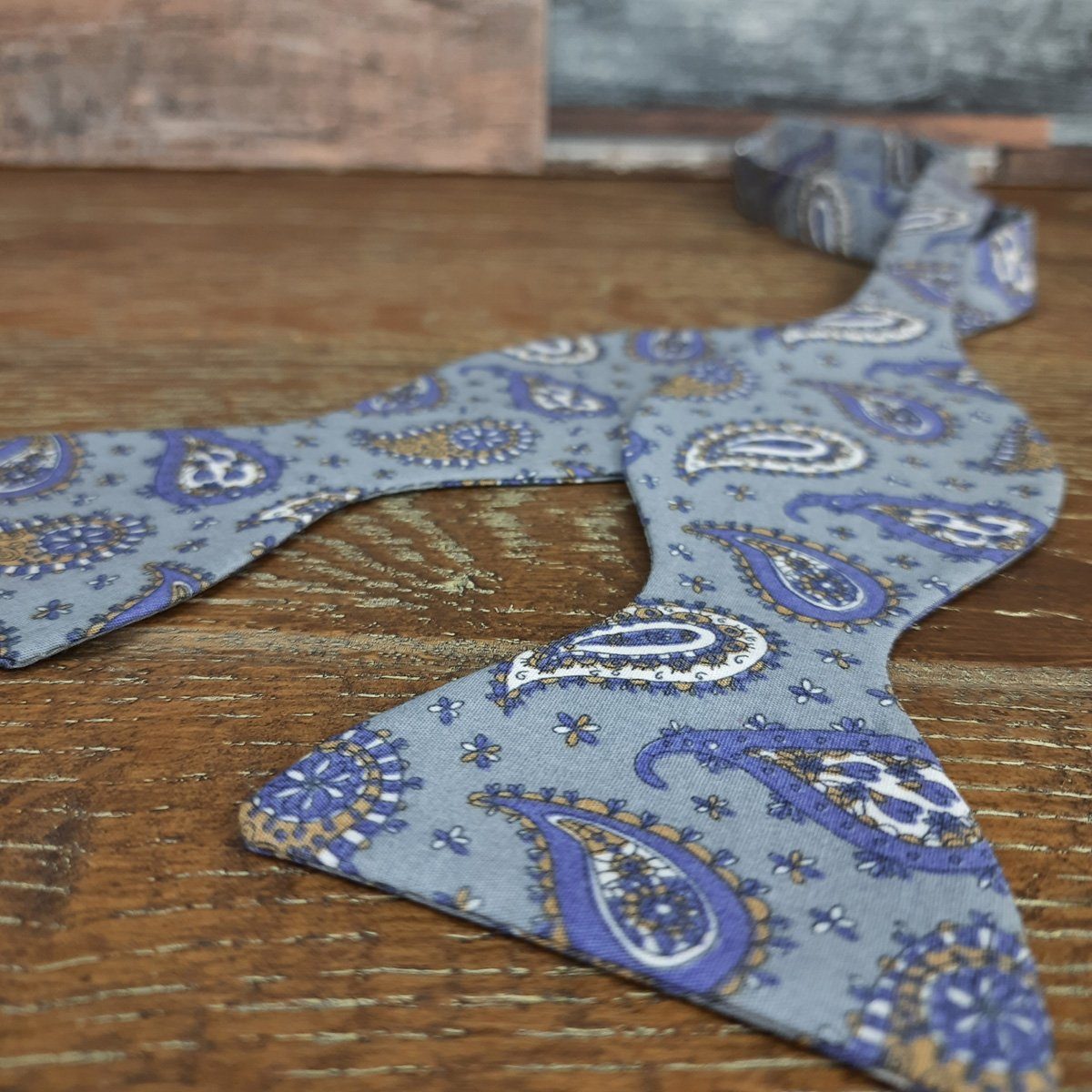 Blue & Gold Daisy Paisley Cotton Self-Tie Bow Tie - Bow Ties - - THREADPEPPER