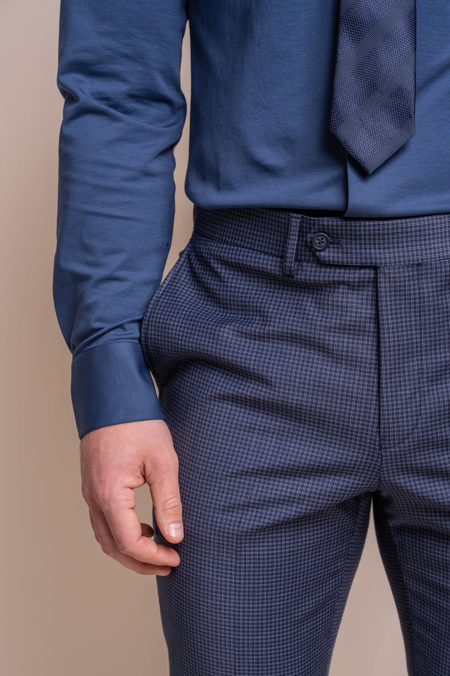 Bond Navy Check Trousers - Trousers - - THREADPEPPER