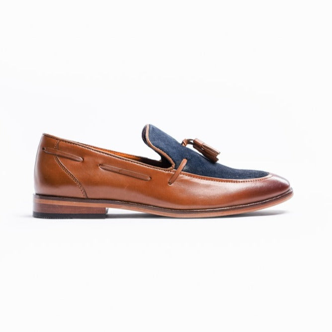 Freemont Tassel Tan & Navy Leather Loafers - Shoes - 7 - THREADPEPPER