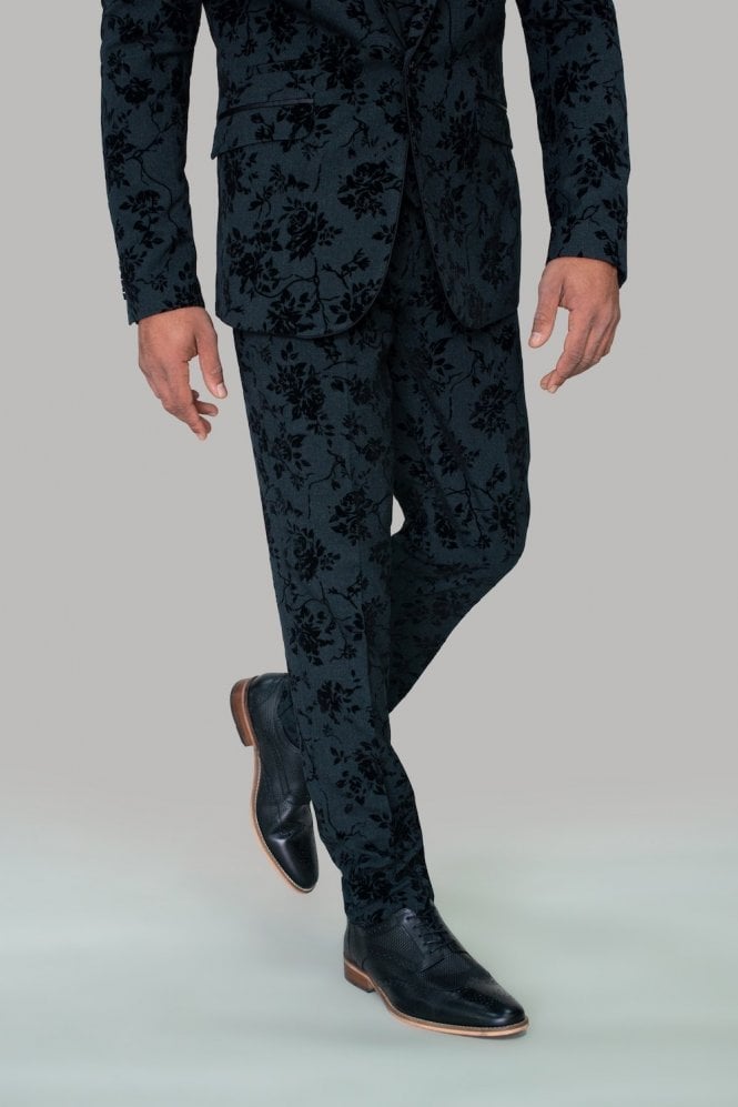 Velvet Patterned Black Floral Trousers - STOCK CLEARANCE - Trousers - 28R - THREADPEPPER