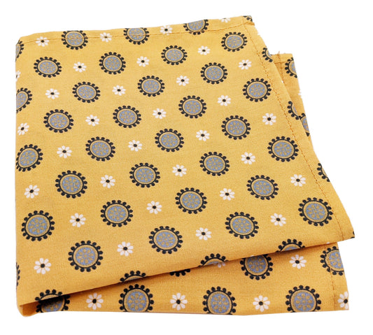 Golden Flower Medallions Cotton Pocket Square - Handkerchiefs - - THREADPEPPER