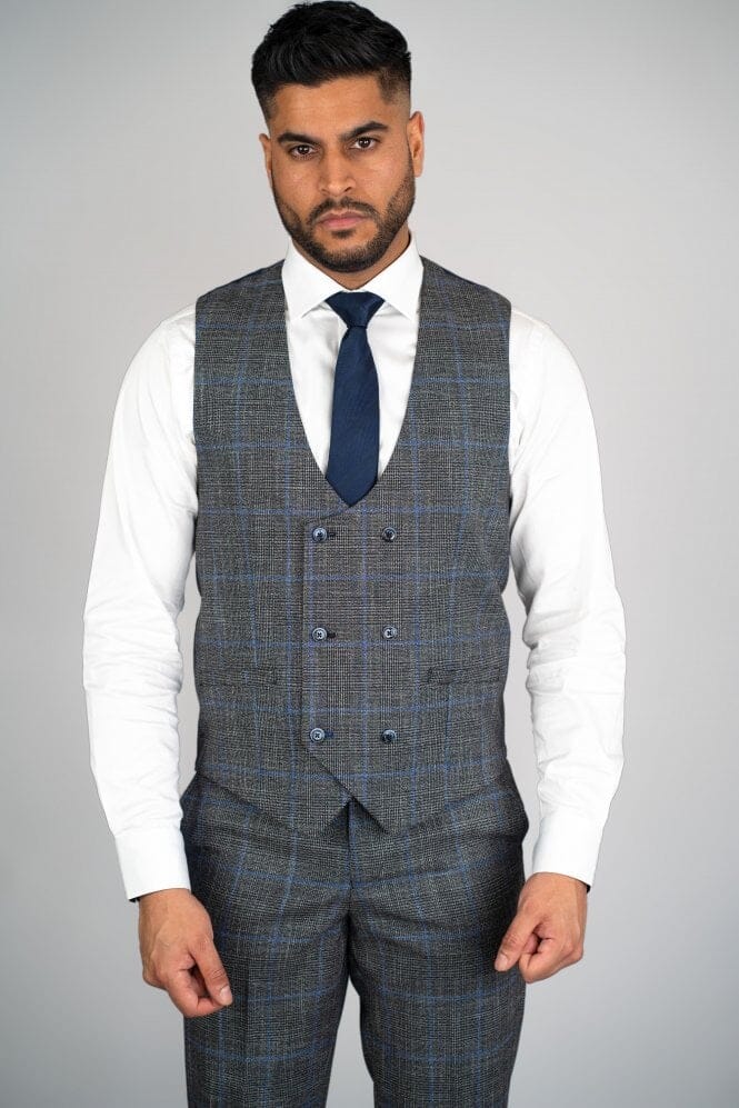 Grey & Blue Check Waistcoat - STOCK CLEARANCE - Waistcoats - 40R - THREADPEPPER