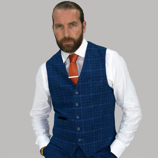 Crosshatch Tweed Blue Check Waistcoat - STOCK CLEARANCE - Waistcoats - 40R - THREADPEPPER