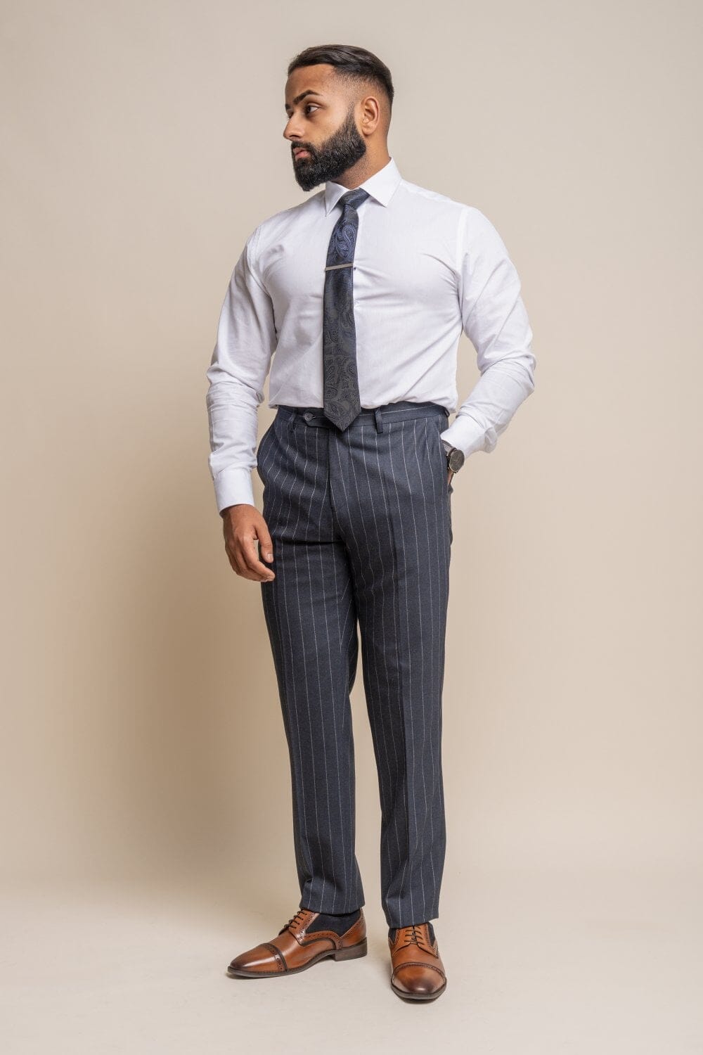 Navy Pinstripe Trousers - STOCK CLEARANCE - Trousers - - THREADPEPPER