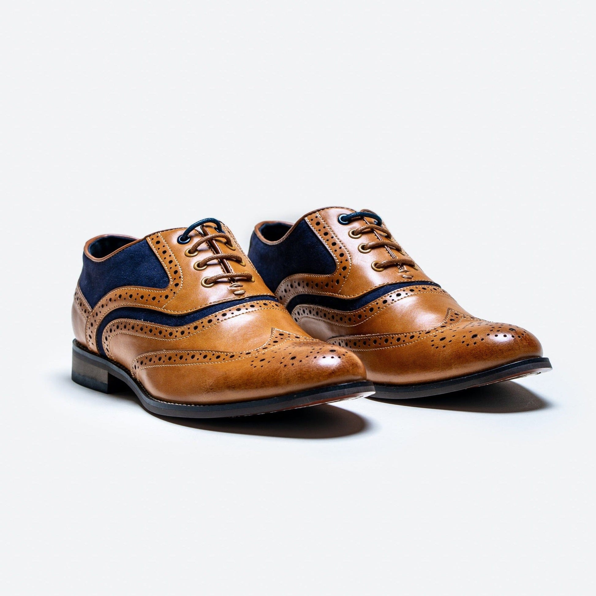 Russel Tan & Navy Brogue Shoes - OOS 3/8/23 - Shoes - - THREADPEPPER