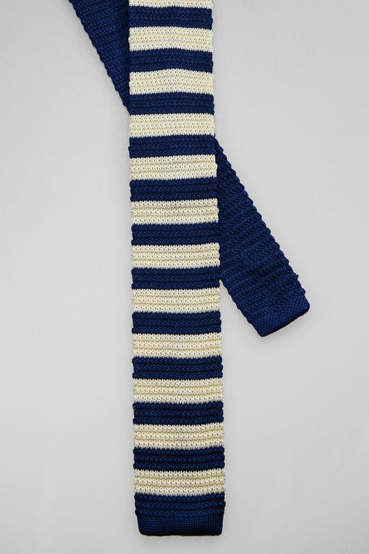 Sand/Navy Stripe Knitted Tie Set - Ties - - THREADPEPPER
