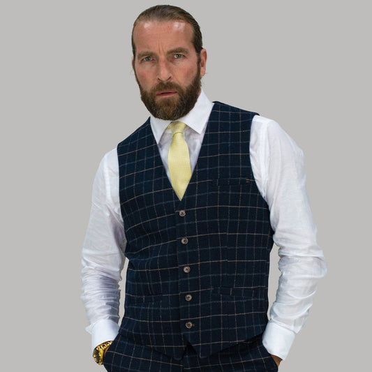 Heavy Blue Tweed Check Waistcoat - STOCK CLEARANCE - Waistcoats - 50R - THREADPEPPER