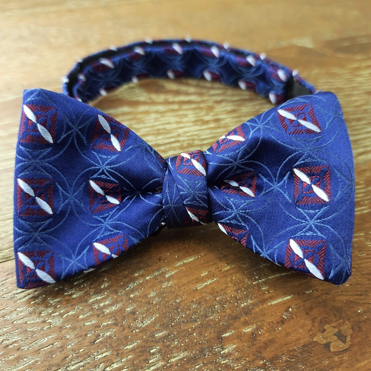 Woven Red Squares on Blue Silk Ready-Tied Bow Tie - Bow Ties - - THREADPEPPER