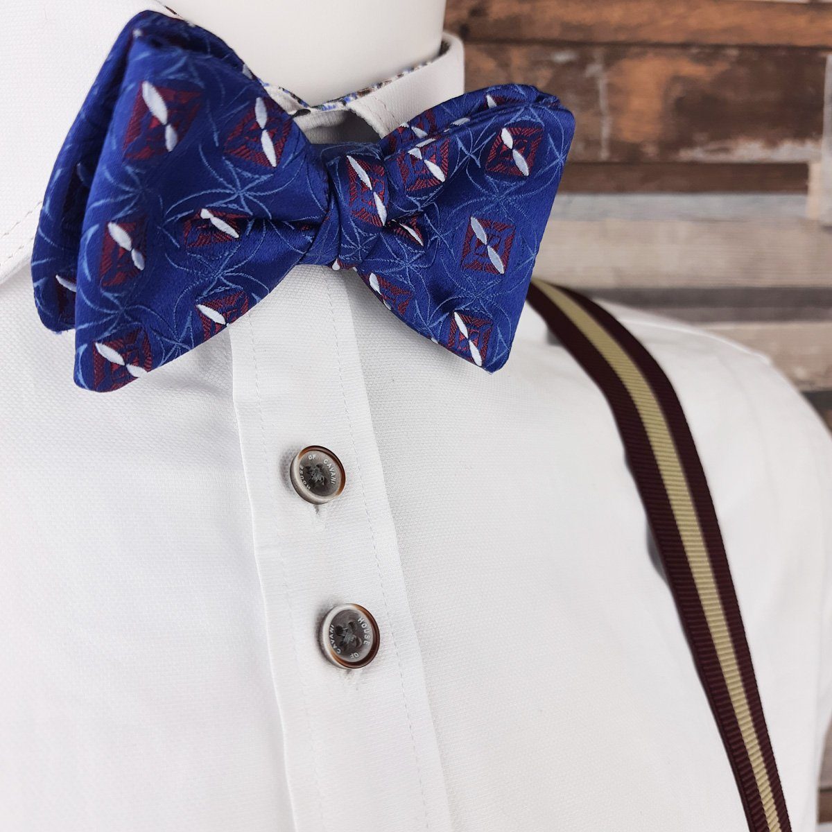 Woven Red Squares on Blue Silk Ready-Tied Bow Tie - Bow Ties - - THREADPEPPER